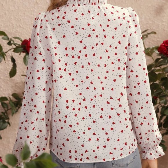 Heart & Polka Dot Frill Trim Tie Neck Flounce Sleeve Blouse - Picture 3 of 5
